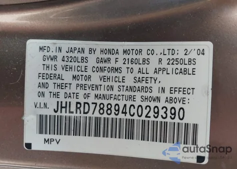 2004 Honda Cr-V Ex from USA, damaged, VIN JHLRD78894C029390